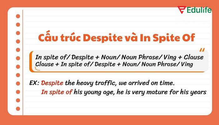Cấu trúc Despite Despite khi kết hợp với danh từ hoặc cụm danh từ sẽ thể hiện sự đối lập giữa điều kiện bất lợi và kết quả