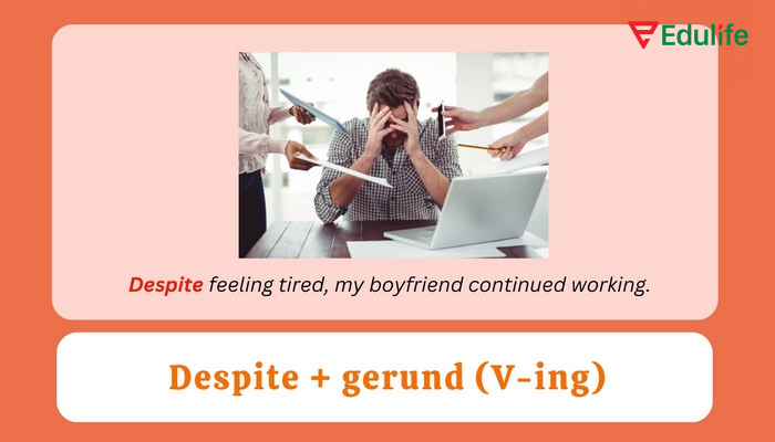 Cấu trúc Despite kết hợp với V-ing để diễn tả sự đối lập giữa điều kiện và kết quả ngoài dự đoán