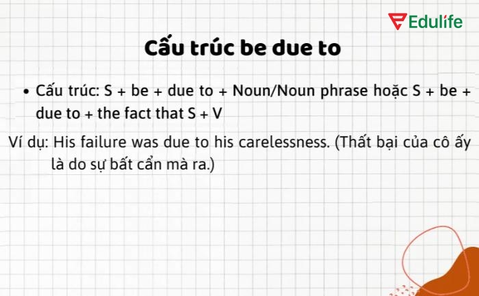 Be due to + Noun – chỉ nguyên nhân của trạng thái đã xảy ra