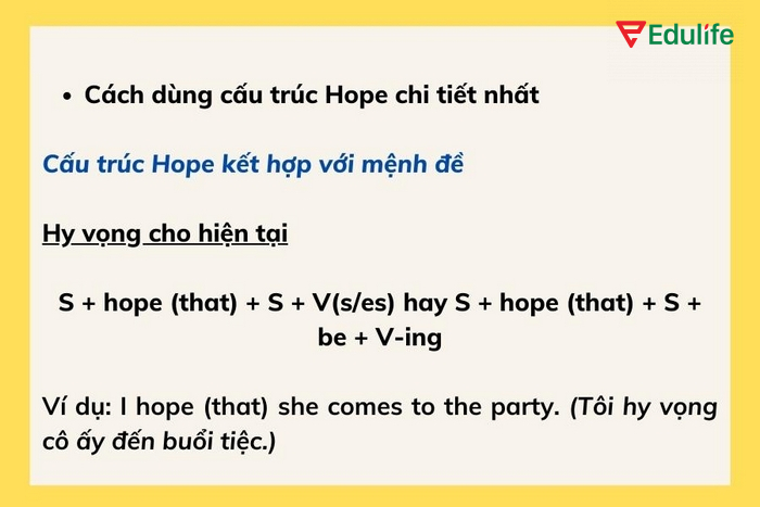 Cấu trúc Hope phù hợp dùng để nói về điều được hy vọng sẽ, đang hoặc đã xảy ra