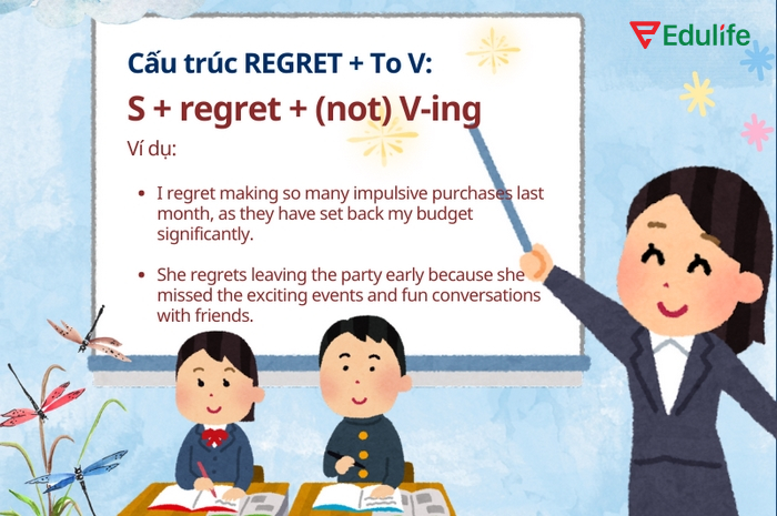 Cấu trúc Regret đi với to V dùng để bày tỏ sự tiếc nuối khi phải thông báo tin không vui