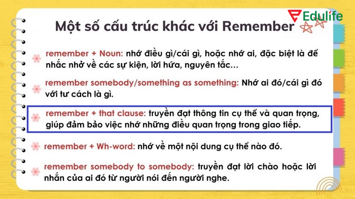Cấu trúc Remember đi kèm mệnh đề để hồi tưởng lại một sự kiện, cảm xúc, tình huống, sự việc cụ thể trong quá khứ