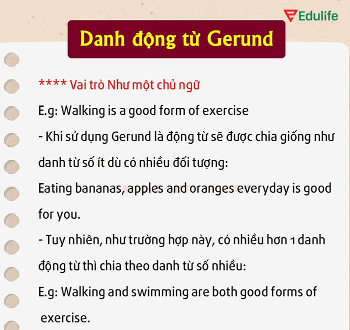 Khi cấu trúc với Gerund đứng đầu câu, nó sẽ là chủ ngữ chính, được chia với động từ số ít
