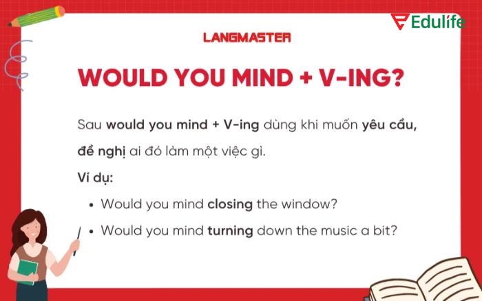 Cấu trúc “Would you mind + V-ing” được dùng để yêu cầu lịch sự, xin phép hoặc bày tỏ sự khó chịu trước hành động gây phiền toái