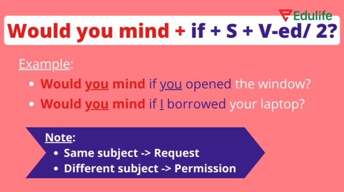 Cấu trúc “Would you mind if + S + V (quá khứ đơn)” dùng để xin phép ai đó về hành động bạn sắp làm một cách lịch sự
