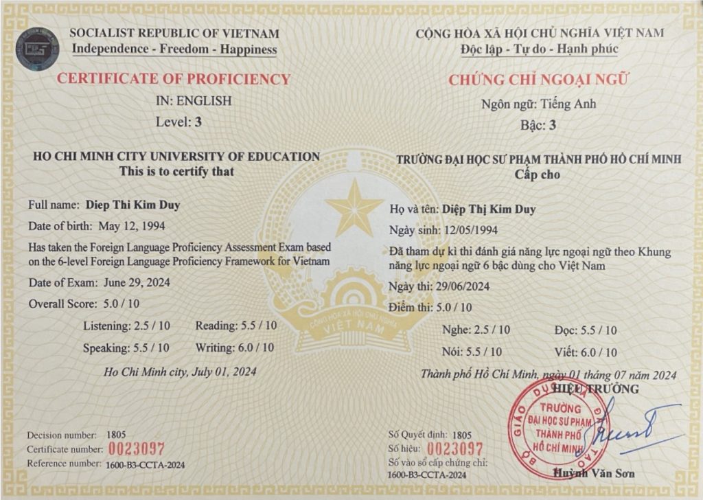 Mẫu CC Tiếng anh trường ĐH TP Hồ Chí Minh