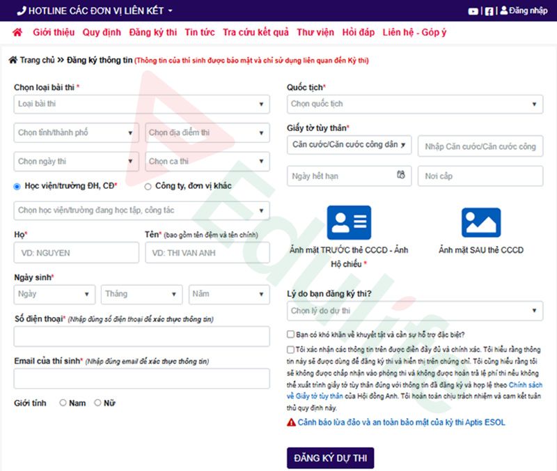 Điền đầy đủ các trường thông tin và ấn “Đăng ký dự thi”