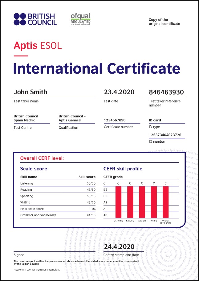 Mẫu chứng chỉ Aptis mới nhất 