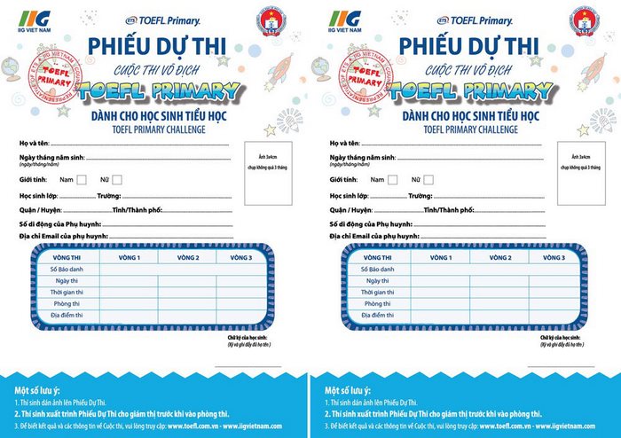 Phiếu dự thi chứng chỉ TOEFL Primary A2 dành cho học sinh tiểu học