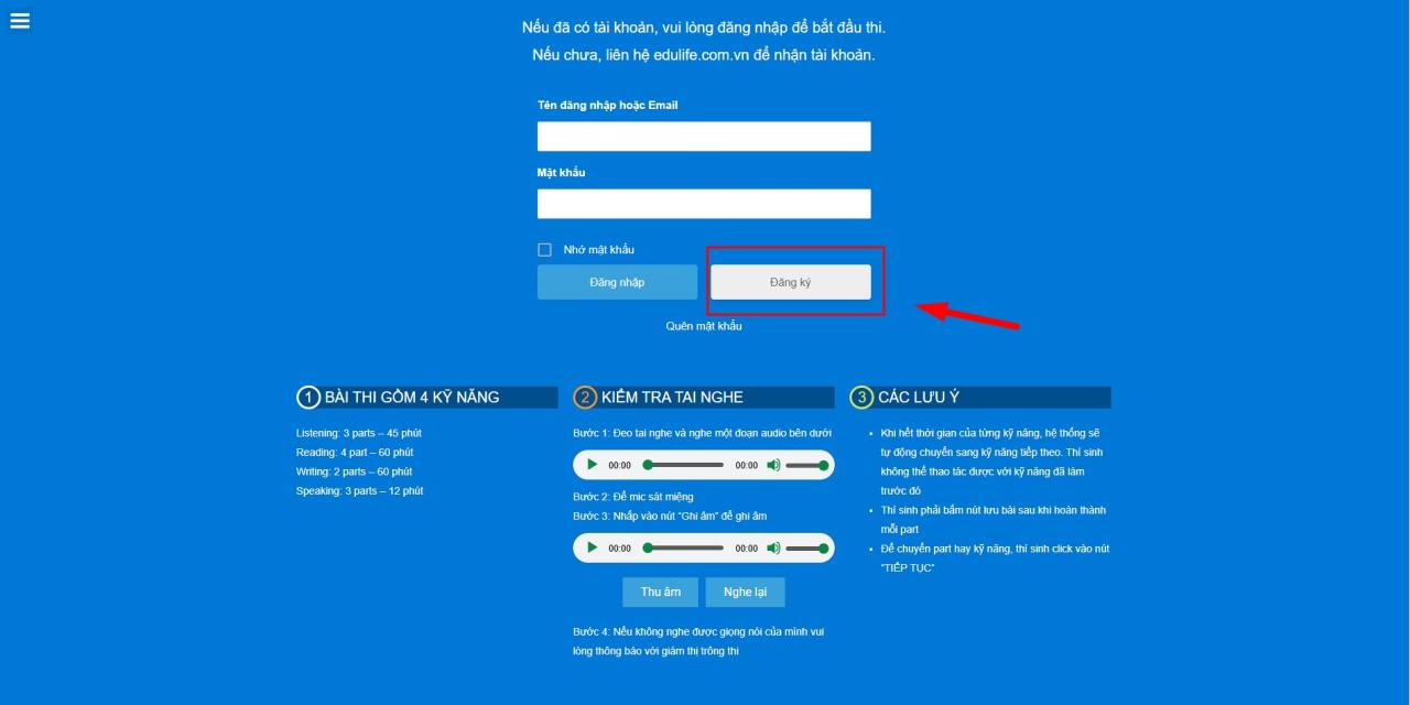 Truy cập link thi thử Edulife để đăng ký tài khoản