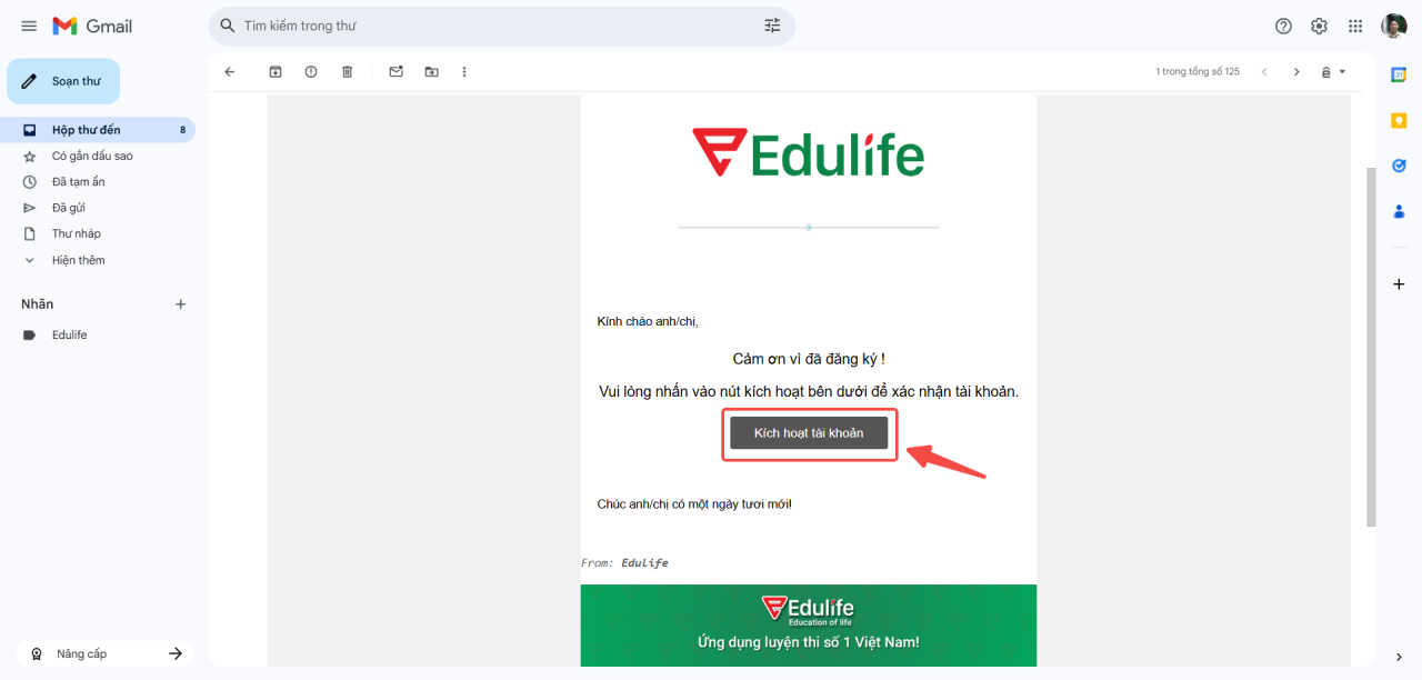 Thư kích hoạt tài khoản của Edulife