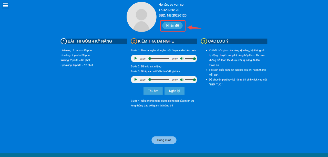 Chọn nhận đề và bắt đầu thi thử