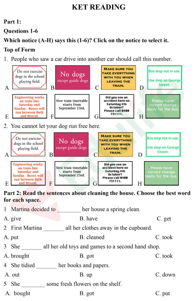 Mẫu đề thi A2 Cambridge phần đọc