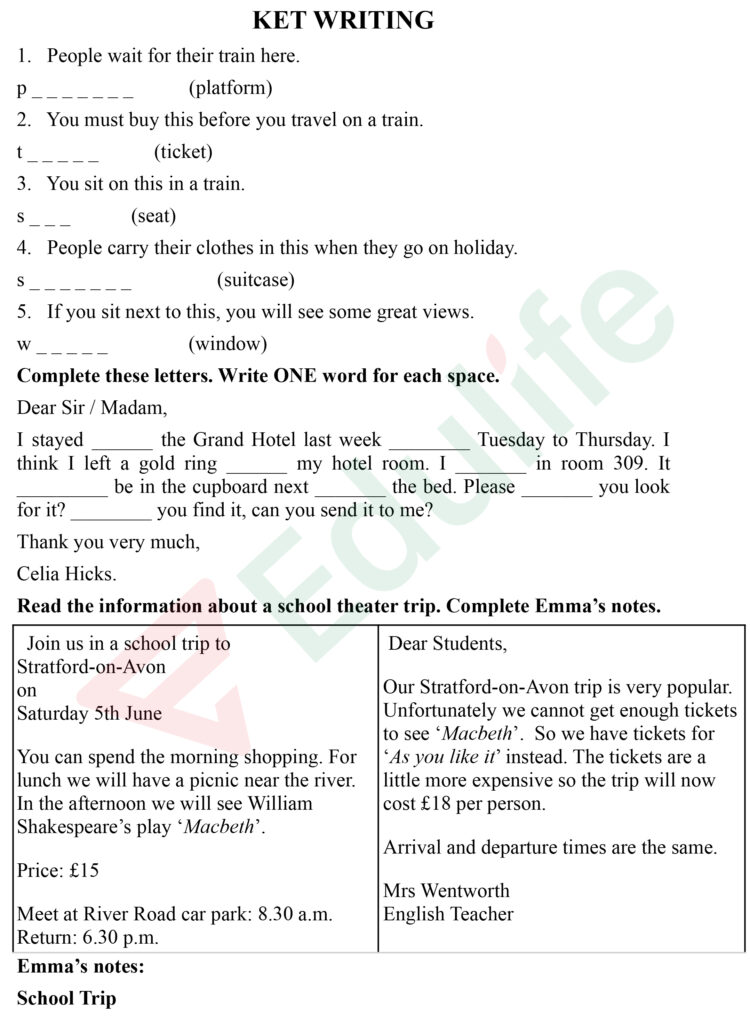 Mẫu đề thi Viết tiếng anh A2 Cambridge