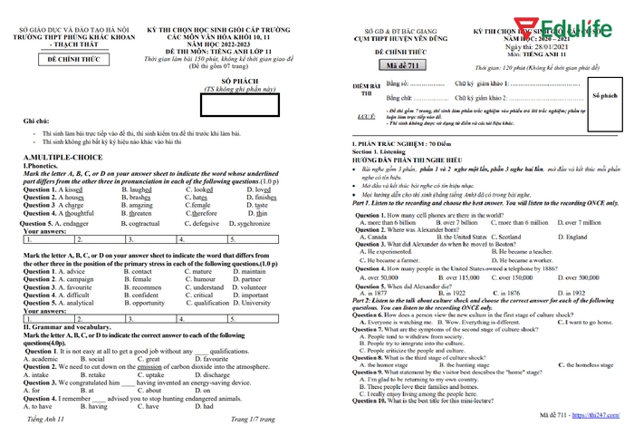 Tải và làm đề thi học sinh giỏi tiếng Anh lớp 11 giúp học sinh làm quen với cấu trúc đề, dạng câu hỏi, rèn khả năng tư duy khi làm bài