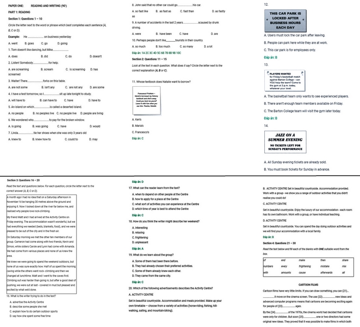 Hình ảnh ví dụ một phần đề thi tiếng Anh B1 sau đại học VSTEP