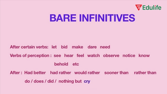 Động từ nguyên mẫu Bare infinitive khi kết hợp với động từ chỉ cảm nhận sẽ diễn tả hành động quan sát điều gì đó rõ ràng