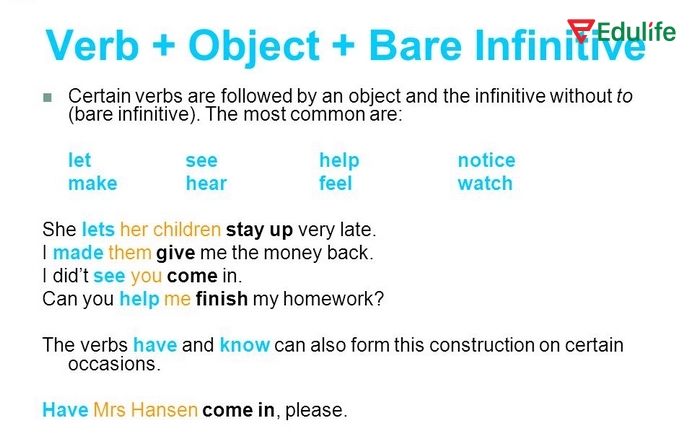 Động từ nguyên mẫu Bare infinitive sử dụng sau trợ động từ để nói về lời đề nghị, khả năng, nghĩa vụ của một việc gì đó