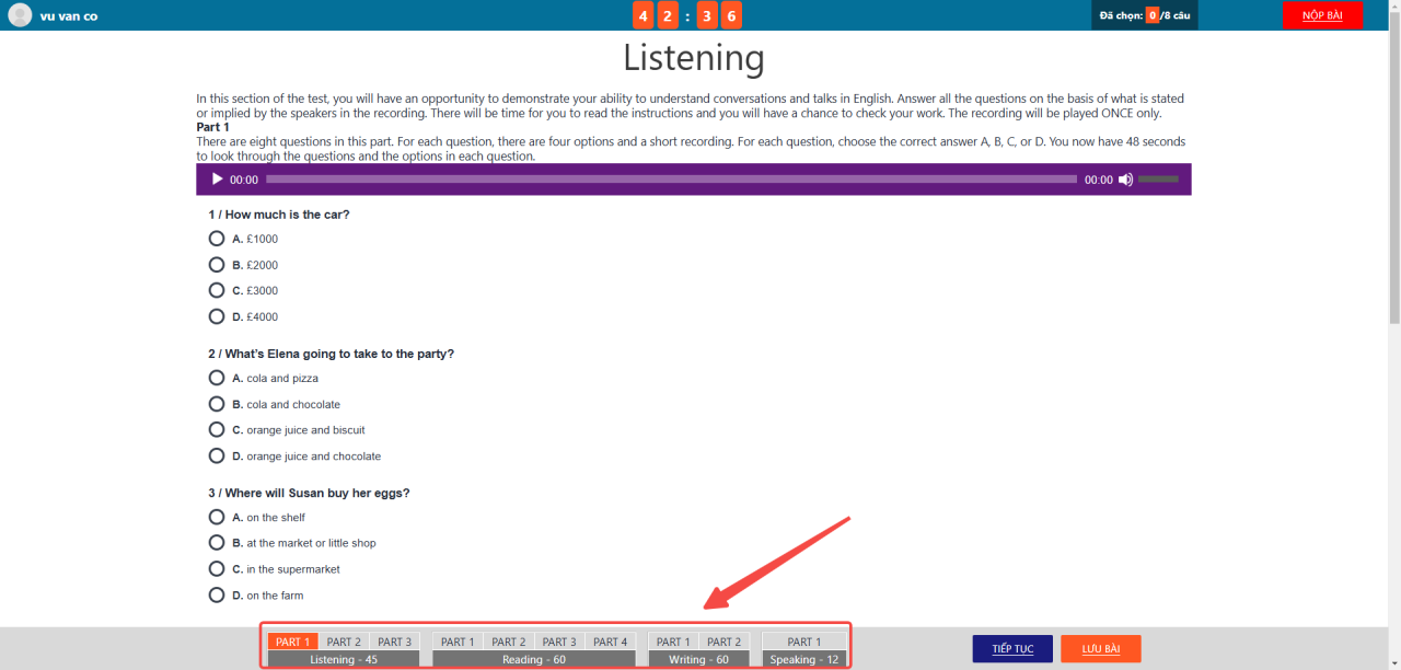 Giao diện thi thử Vstep - Phần Listening