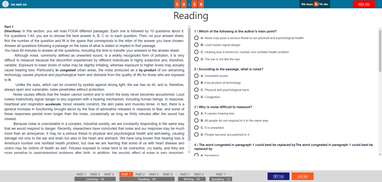 Giao diện thi thử Vstep - Phần Reading