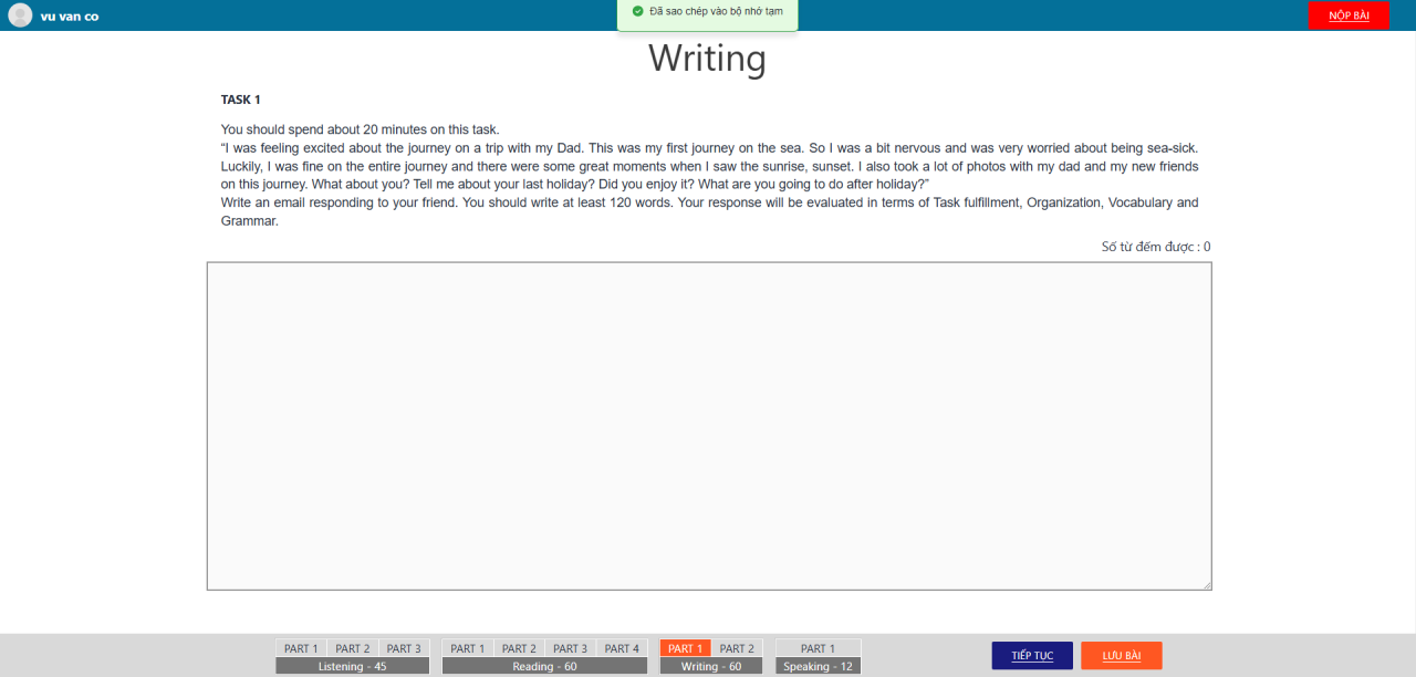 Giao diện thi thử Vstep - Phần Writing