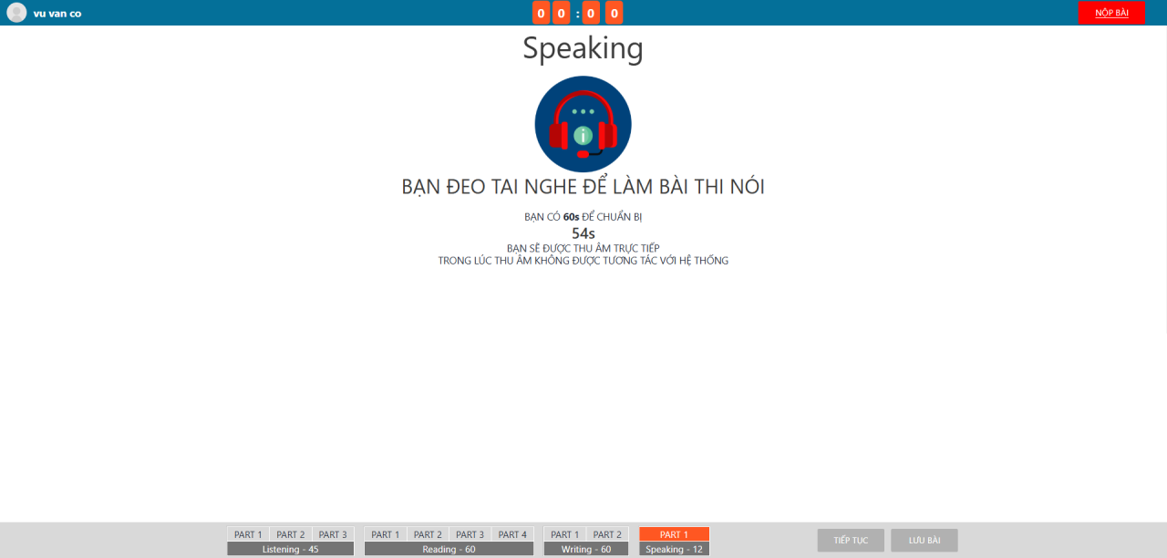 Giao diện thi thử Vstep - Phần Speaking 