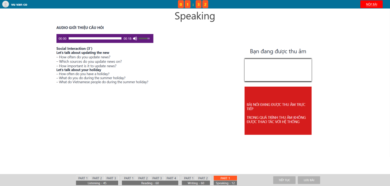 Giao diện thi thử Vstep - Phần Speaking