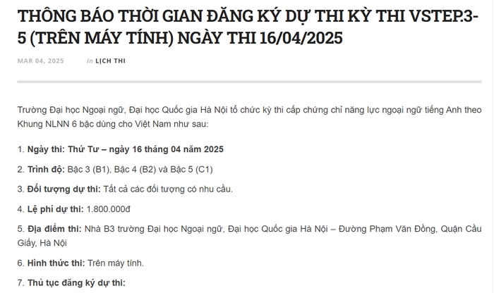 Thông tin lệ phí, lịch thi tiếng Anh B1 luôn được các trường đăng tải trên website chính thức của trường