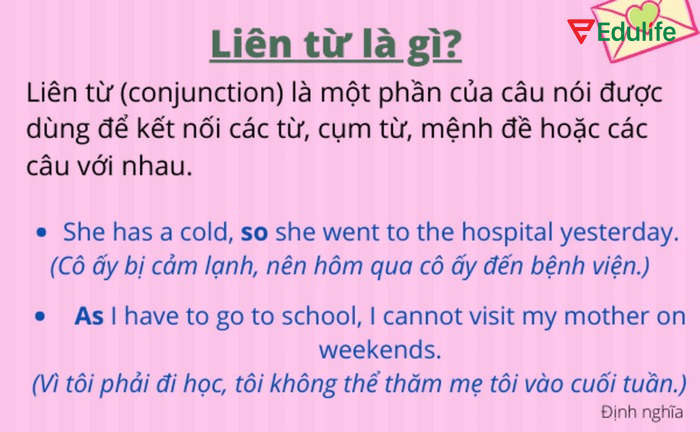 Liên từ dùng để kết nối từ, cụm từ, mệnh đề hoặc câu với nhau