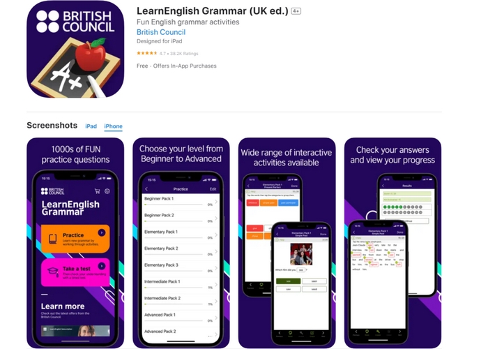 Muốn ôn luyện thi tiếng Anh B1 online miễn phí, hãy tham khảo app LearnEnglish Grammar