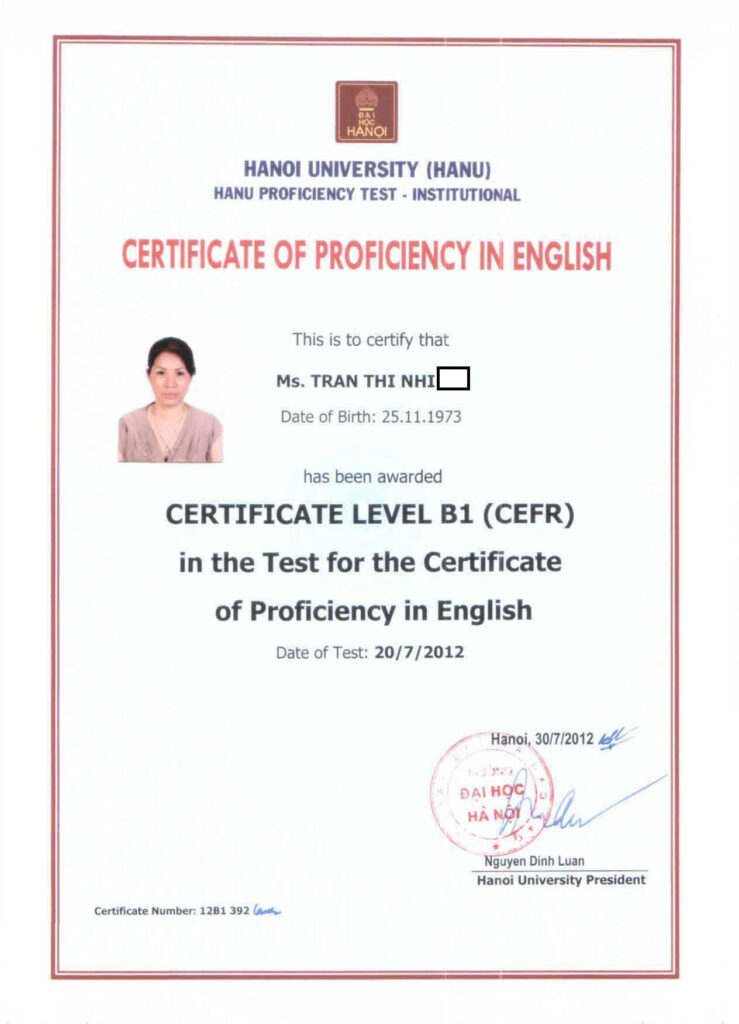 mẫu chứng chỉ B1 châu âu