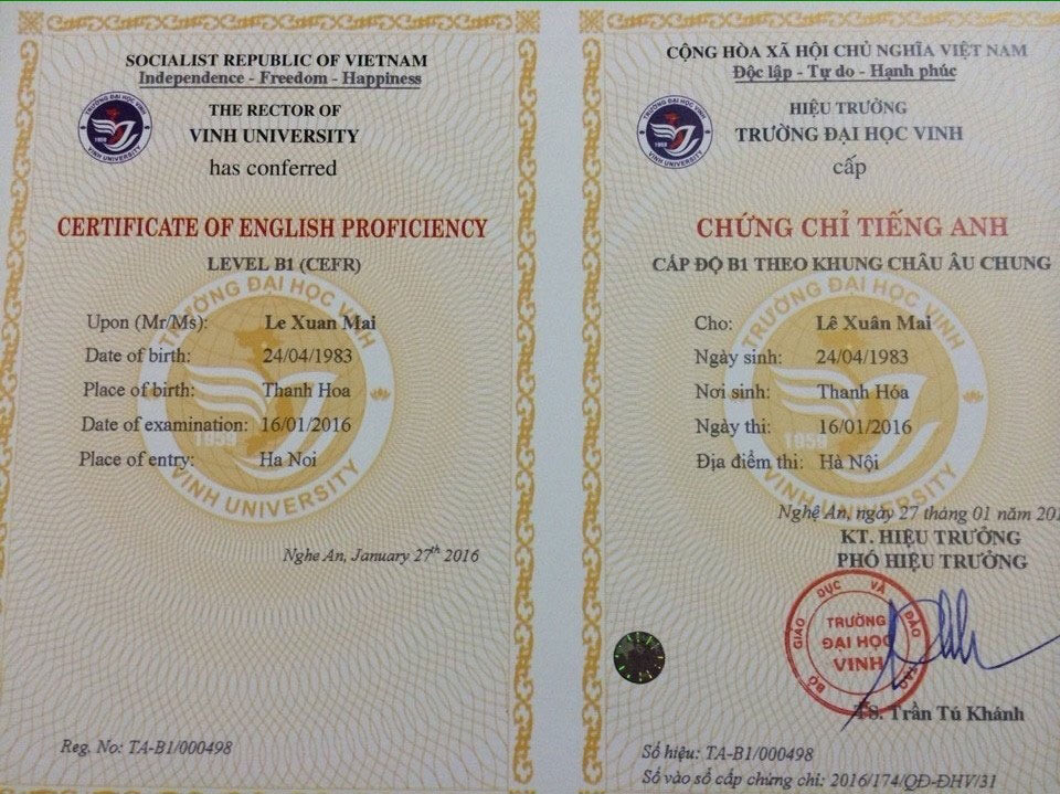 Mẫu chứng chỉ tiếng Anh b1