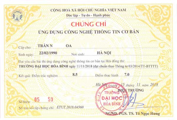 mẫu chứng chỉ tin học của bộ giáo dục
