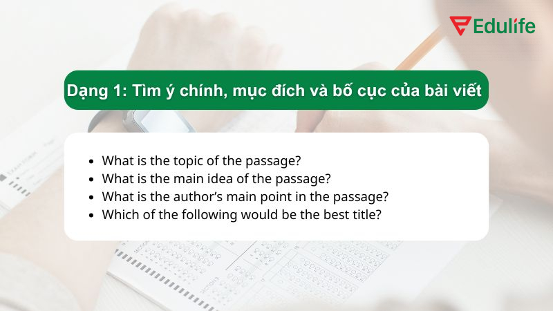 Dạng 1 là câu hỏi tìm ý chính của bài viết