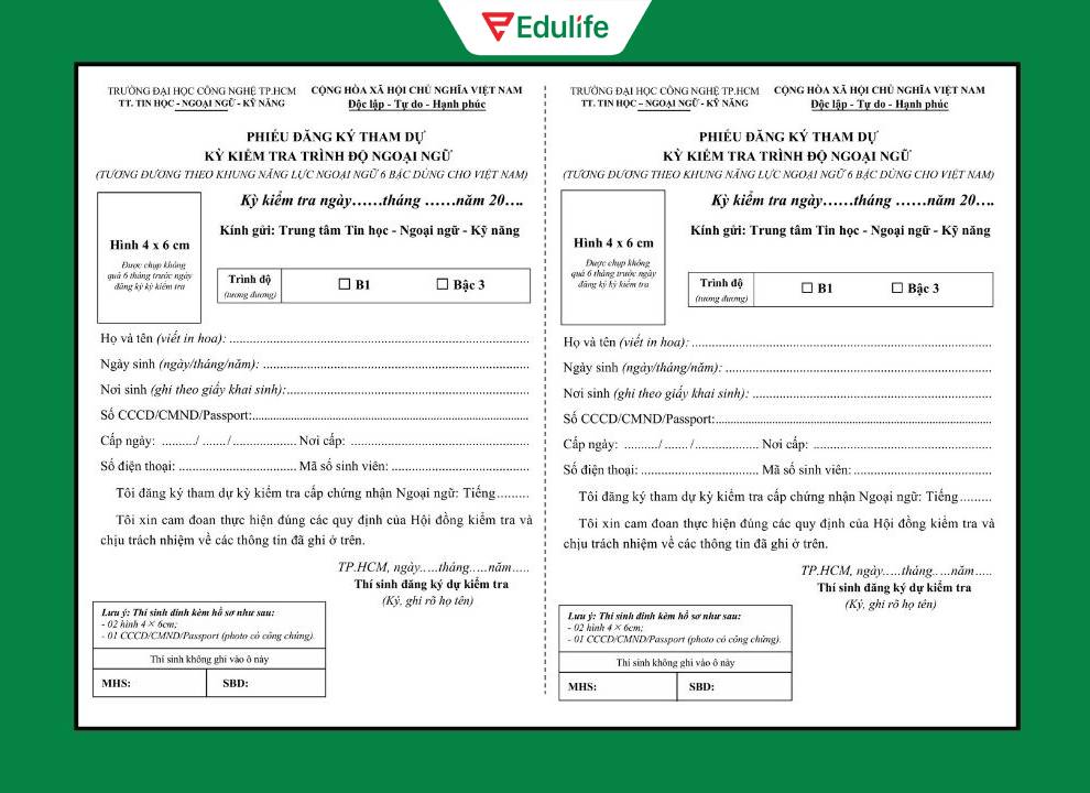 Mẫu phiếu đăng ký dự thi VSTEP Đại học Công nghệ TP. HCM