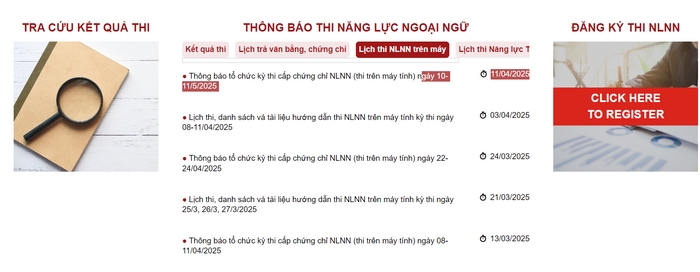 Thí sinh có thể tra cứu lịch thi chứng chỉ tiếng Anh A2 Đại Học Hà Nội trên website của nhà trường