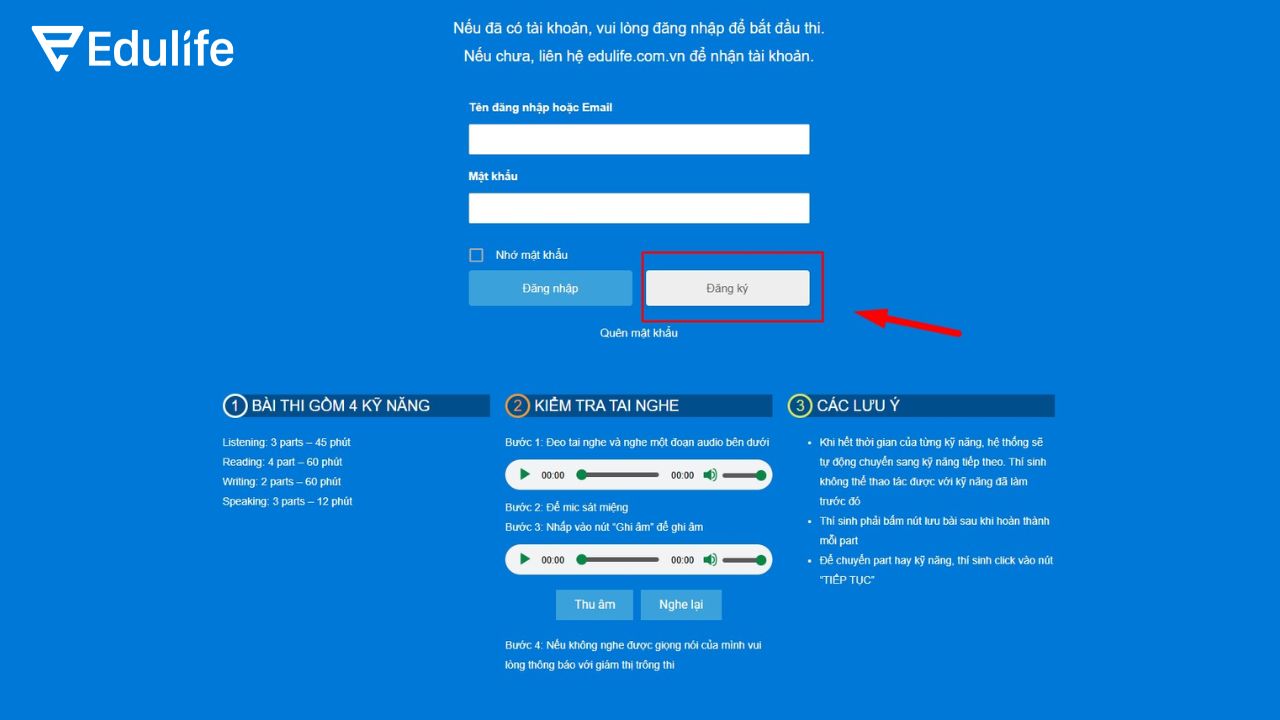 Giao diện đăng nhập/đăng ký vào hệ thống thi thử B2 của Edulife
