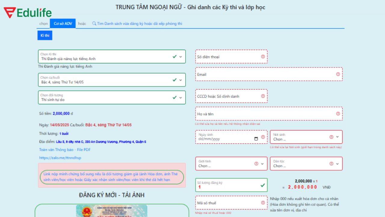 Giao diện đăng ký và nộp hồ sơ thi Vstep B2 online tại Trường Đại học Sư phạm TPHCM