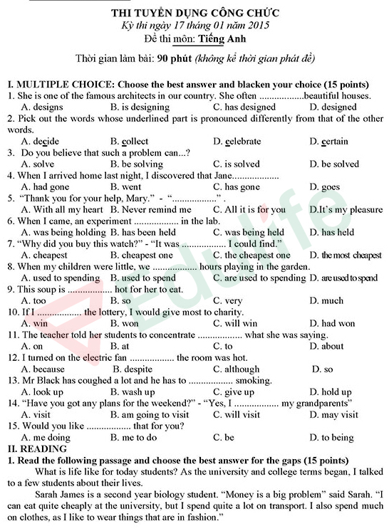 Cấu trúc đề thi công chức tiếng Anh A2
