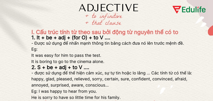 Cấu trúc To-infinitive clauses khi đứng sau tính từ thường có happy, surprised, ready, afraid, difficult, easy, excited...
