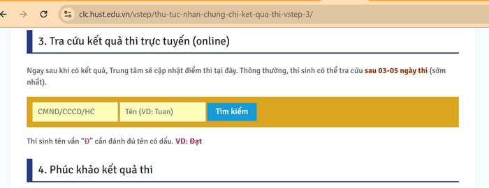 Giao diện tính năng tra cứu điểm thi VSTEP Bách Khoa trên hệ thống trực tuyến của Trung tâm khảo thí ngoại ngữ Bách khoa