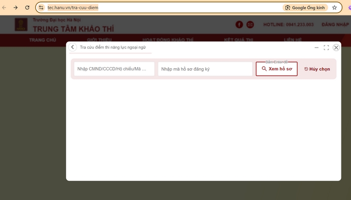 Giao diện tra cứu điểm thi VSTEP Đại học Hà Nội trên hệ thống trực tuyến của trường