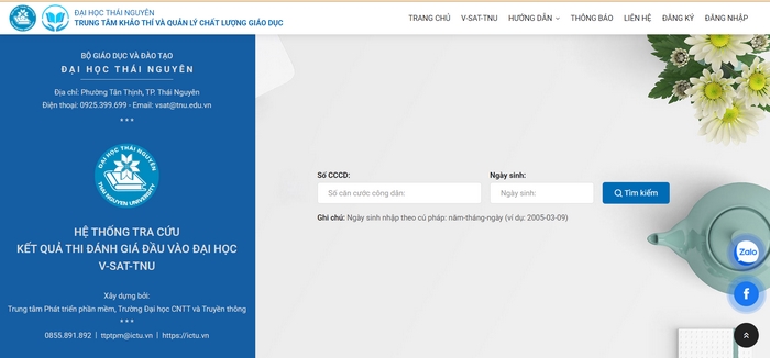 Giao diện hệ thống trực tuyến tra cứu điểm thi VSTEP Đại học Thái Nguyên 