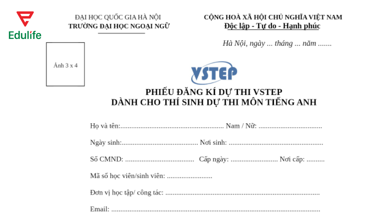 Ví dụ về phiếu đăng ký dự thi Vstep của Đại học Ngoại Ngữ - ĐHQGHN