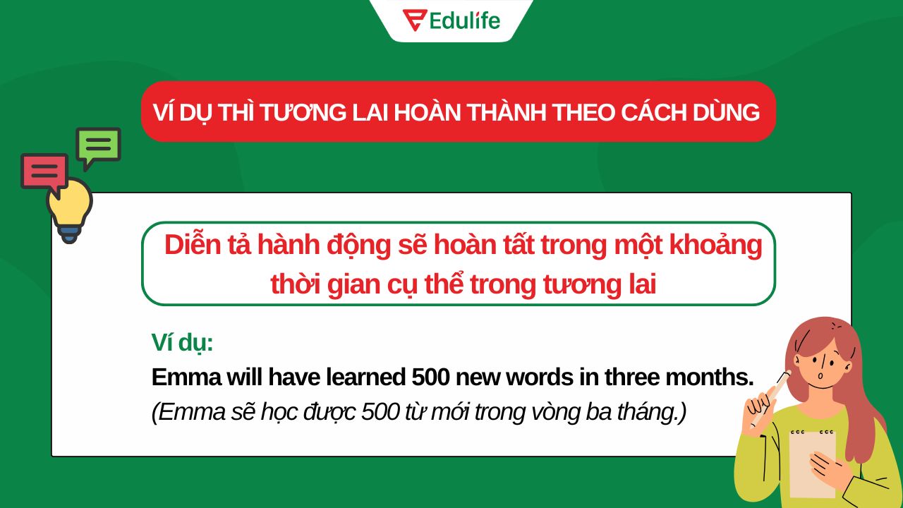 Ví dụ tương lai hoàn thành về hành động sẽ hoàn tất trong một khoảng thời gian cụ thể trong tương lai