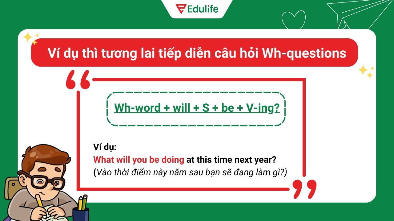 Ví dụ thì tương lai tiếp diễn dạng Wh-questions