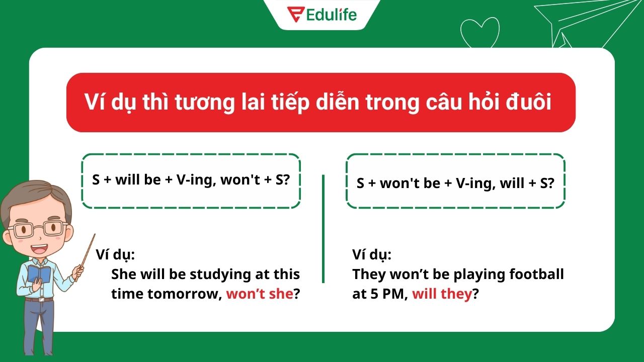 Ví dụ thì tương lai tiếp diễn trong câu hỏi đuôi