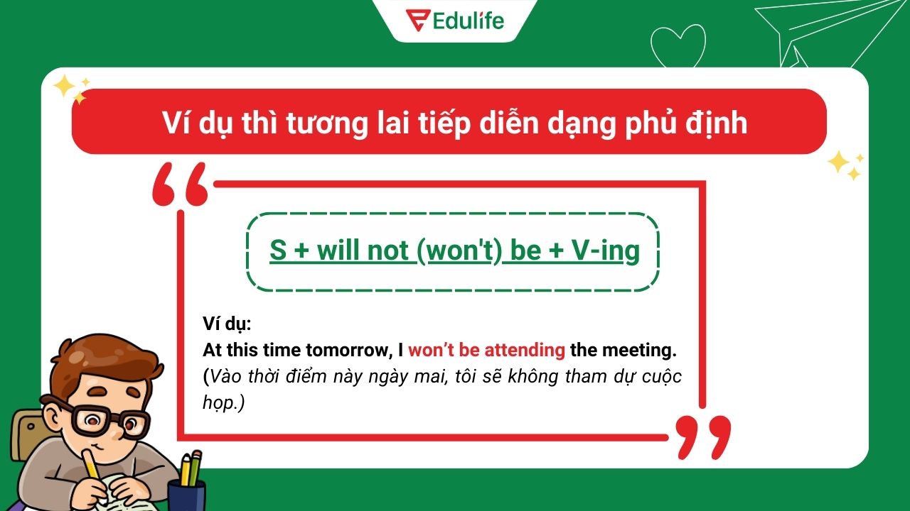 Ví dụ thì tương lai tiếp diễn dạng phủ định