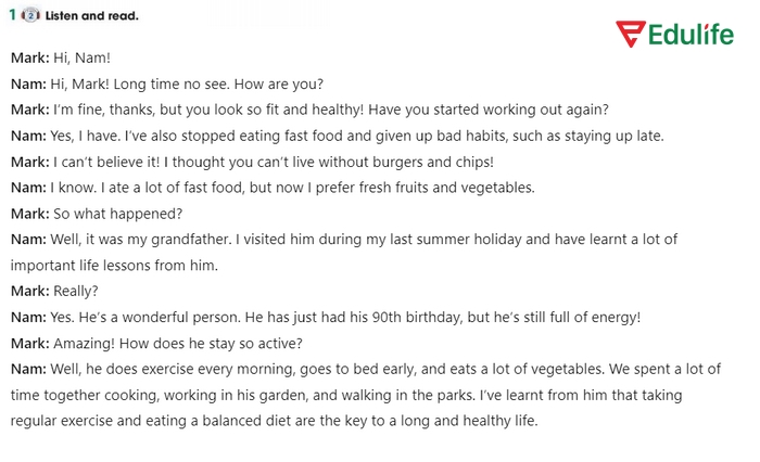 Bài 1 Listen and read phần tiếng Anh 11 Unit 1 Getting Started yêu cầu bạn nghe và đọc nội dung đoạn hội thoại trong sách giáo khoa