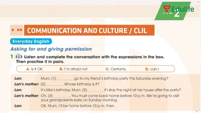 Yêu cầu của bài tập Everyday English 1 phần tiếng Anh 11 Unit 2 Communication and Culture
